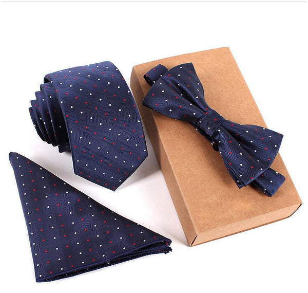 Business Mens Suit Dot Necktie & Pocket Square Towel & Bow Tie Set