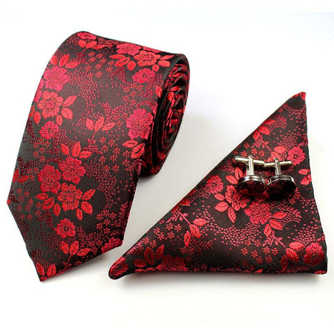 Floral Skinny Tie with  Pocket Square & Cufflinks