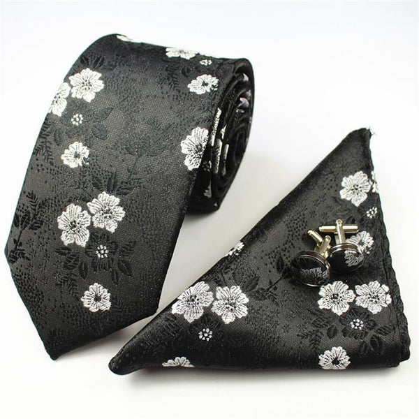 Floral Skinny Tie with  Pocket Square & Cufflinks