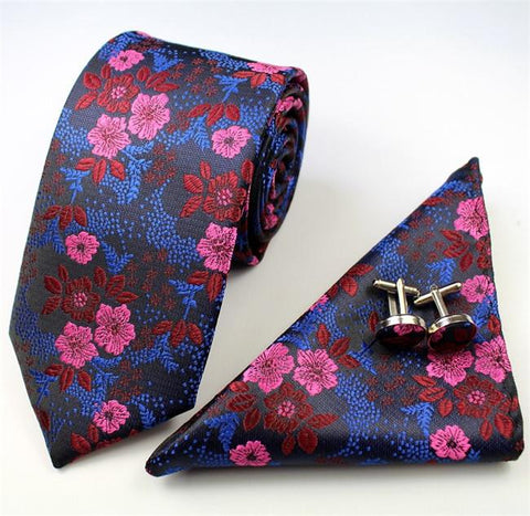 Floral Skinny Tie with  Pocket Square & Cufflinks