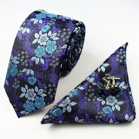 Floral Skinny Tie with  Pocket Square & Cufflinks
