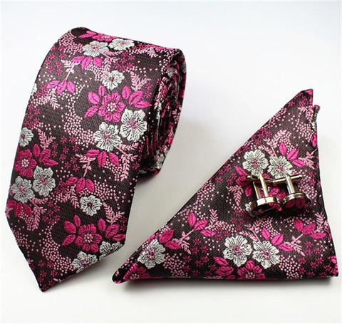 Floral Skinny Tie with  Pocket Square & Cufflinks