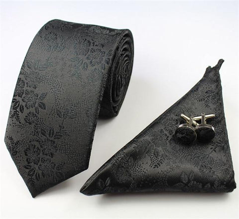 Floral Skinny Tie with  Pocket Square & Cufflinks