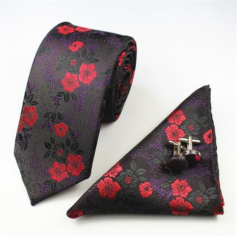 Floral Skinny Tie with  Pocket Square & Cufflinks