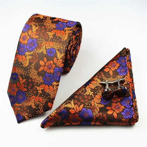 Floral Skinny Tie with  Pocket Square & Cufflinks
