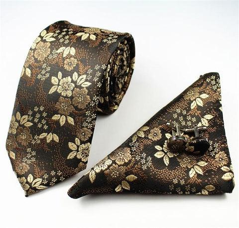 Floral Skinny Tie with  Pocket Square & Cufflinks